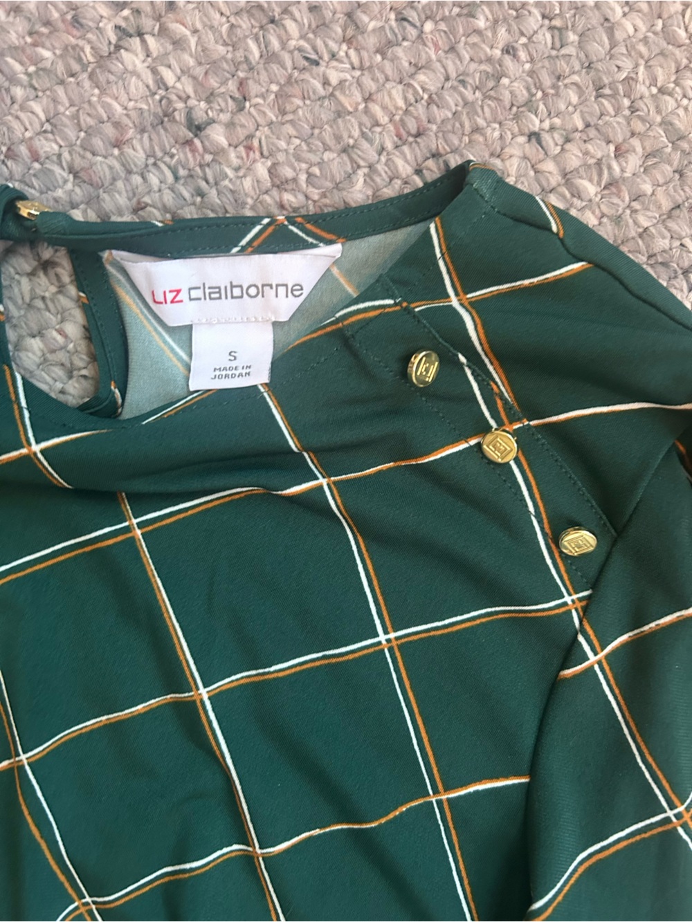 Liz Claiborne Forest Green Windowpane Plaid Blouse